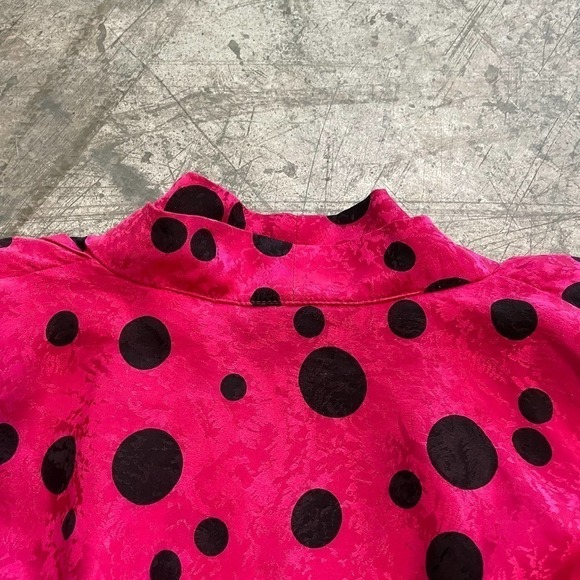 Vintage 80s Michelle Stuart Silk Pink Black Polka Dot Peplum Blouse Shirt 6 - Picture 9 of 13